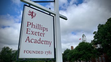 Phillips Exeter Academy sign in front of the Bell Tower